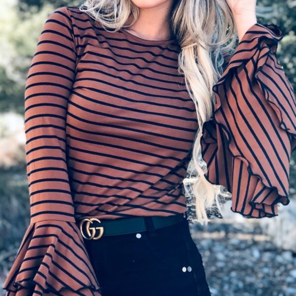 BELL SLEEVE BROWN AND BLUE STRIPPED TOP. - Picture 2 of 3
